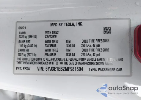 2021 Tesla Model 3 Long Range Dual Motor All-Wheel Drive из США, поврежденный, VIN 5YJ3E1EB2MF981504